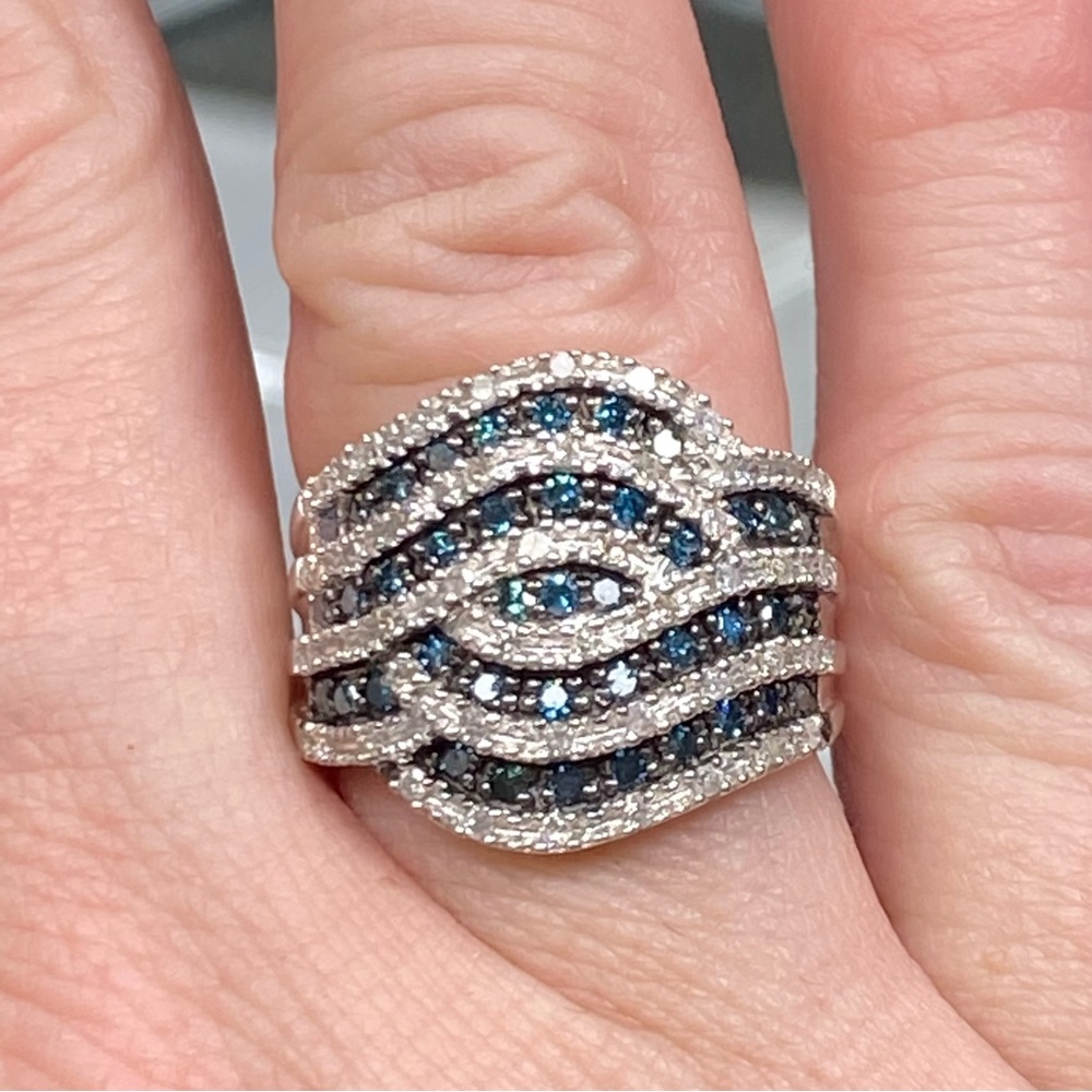 925 Sterling Silver Genuine Blue White Diamond Swirl Ring